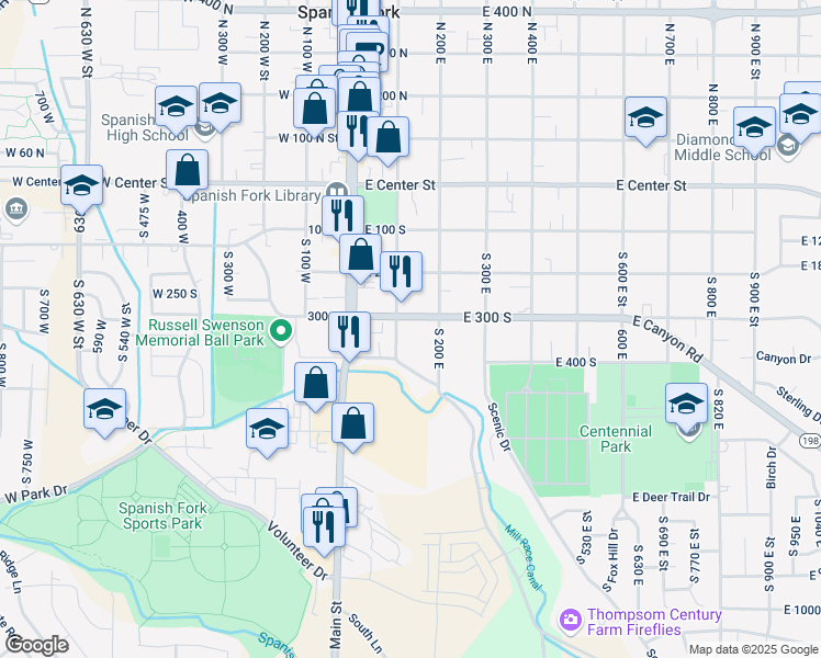 map of restaurants, bars, coffee shops, grocery stores, and more near 130 East 300 South in Spanish Fork