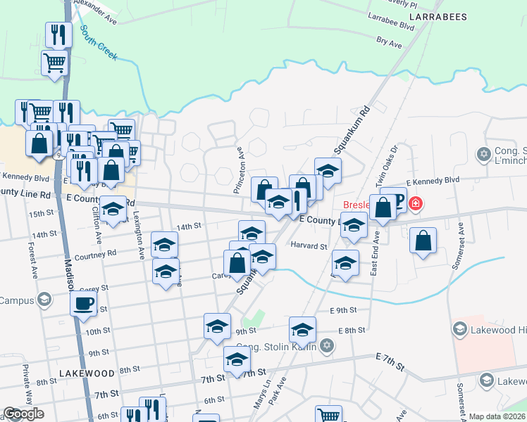 map of restaurants, bars, coffee shops, grocery stores, and more near 535 East County Line Road in Lakewood