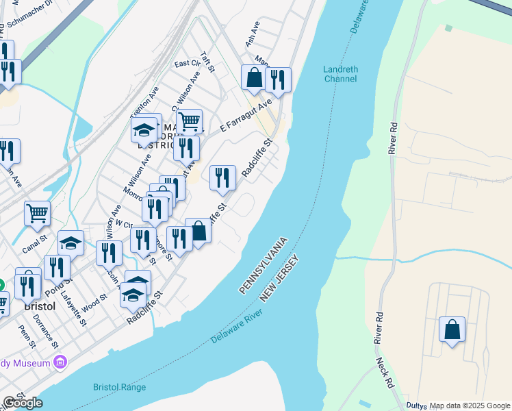 map of restaurants, bars, coffee shops, grocery stores, and more near 16741 River View Circle in Bristol