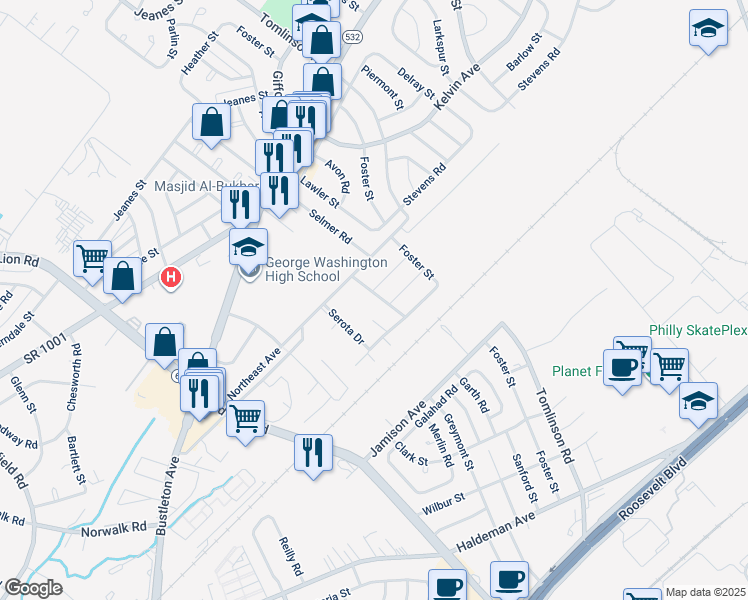 map of restaurants, bars, coffee shops, grocery stores, and more near 10201 Murty Lane in Philadelphia