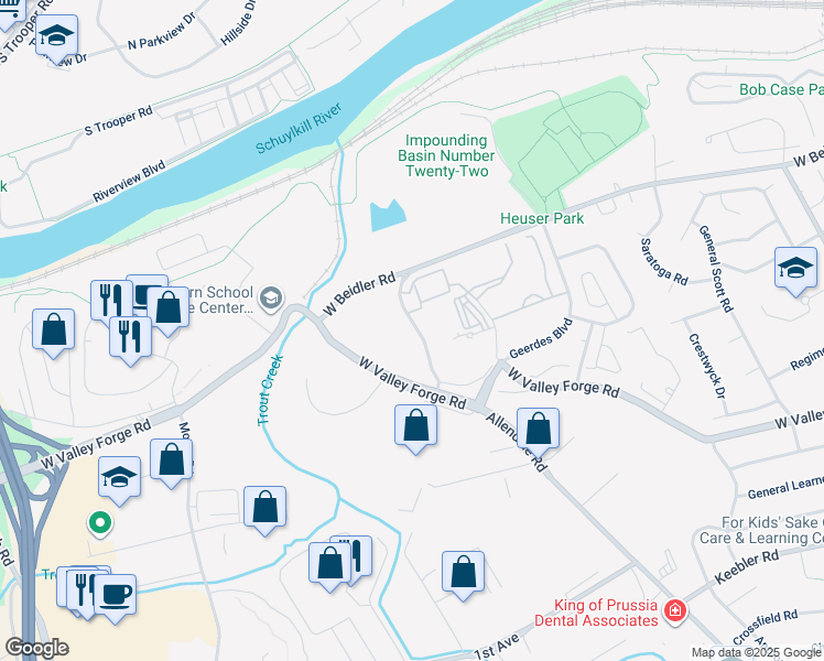 map of restaurants, bars, coffee shops, grocery stores, and more near 751 Vandenburg Road in King of Prussia