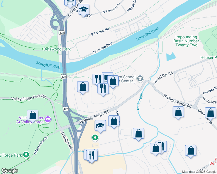 map of restaurants, bars, coffee shops, grocery stores, and more near 3000 Valley Forge Circle in King of Prussia