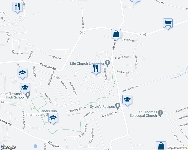 map of restaurants, bars, coffee shops, grocery stores, and more near 619 Thornberry Lane in Lititz