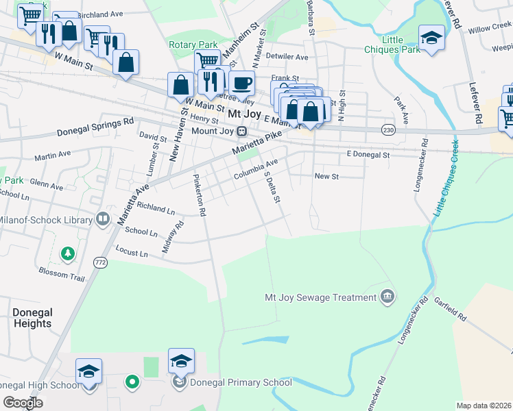 map of restaurants, bars, coffee shops, grocery stores, and more near 240 South Market Street in Mount Joy