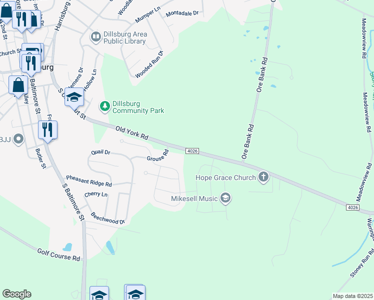 map of restaurants, bars, coffee shops, grocery stores, and more near 57 State Route 4026 in Dillsburg