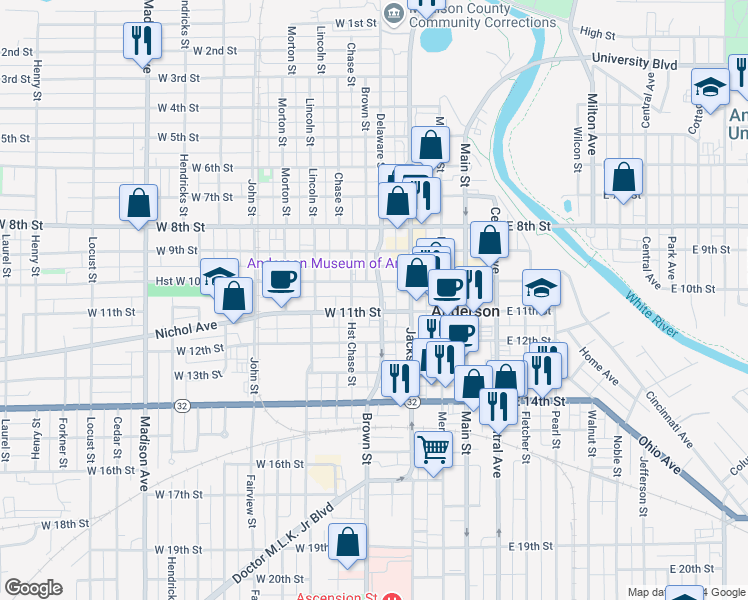 map of restaurants, bars, coffee shops, grocery stores, and more near 1030 Hst Brown-Delaware Street in Anderson