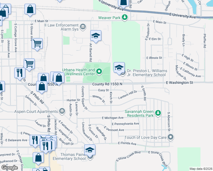 map of restaurants, bars, coffee shops, grocery stores, and more near 2005 East Washington Street in Urbana