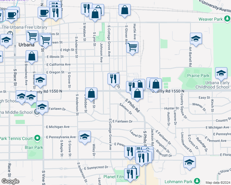 map of restaurants, bars, coffee shops, grocery stores, and more near in Urbana