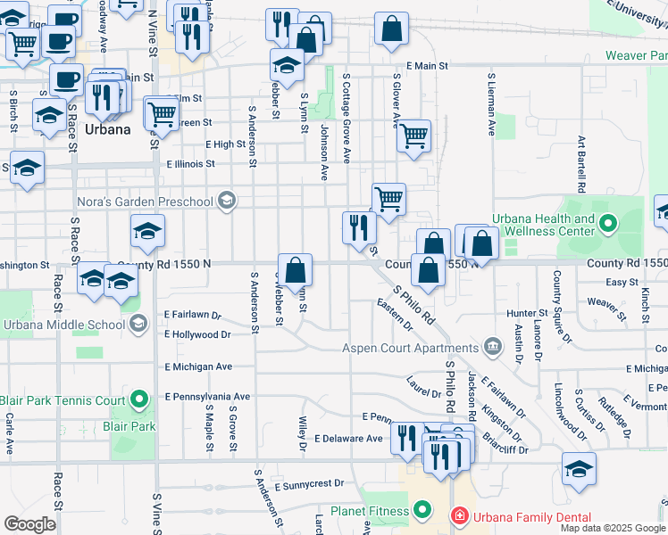 map of restaurants, bars, coffee shops, grocery stores, and more near 909 East Washington Street in Urbana
