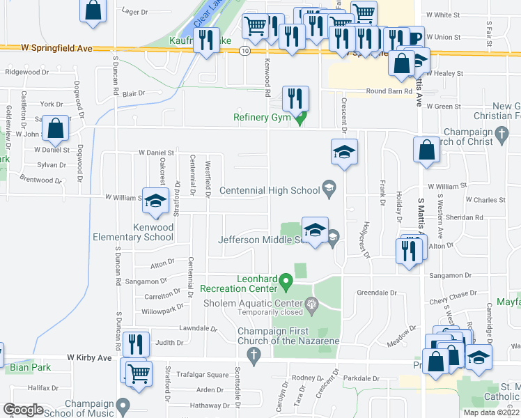 map of restaurants, bars, coffee shops, grocery stores, and more near 2502 Sheridan Drive in Champaign