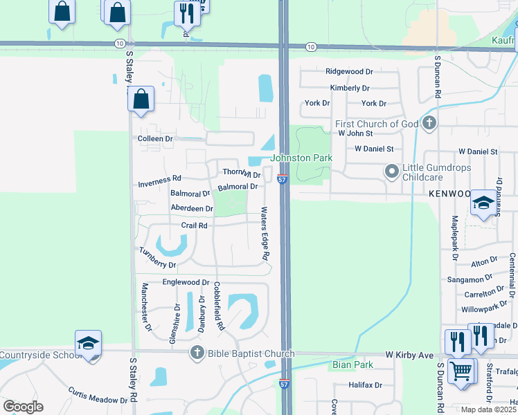 map of restaurants, bars, coffee shops, grocery stores, and more near 1005 Waters Edge Road in Champaign