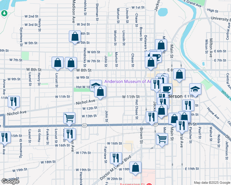 map of restaurants, bars, coffee shops, grocery stores, and more near 1019 Historical Morton Street in Anderson