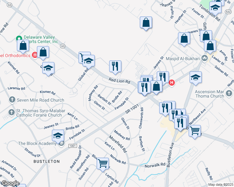 map of restaurants, bars, coffee shops, grocery stores, and more near 9966 Bridle Road in Philadelphia