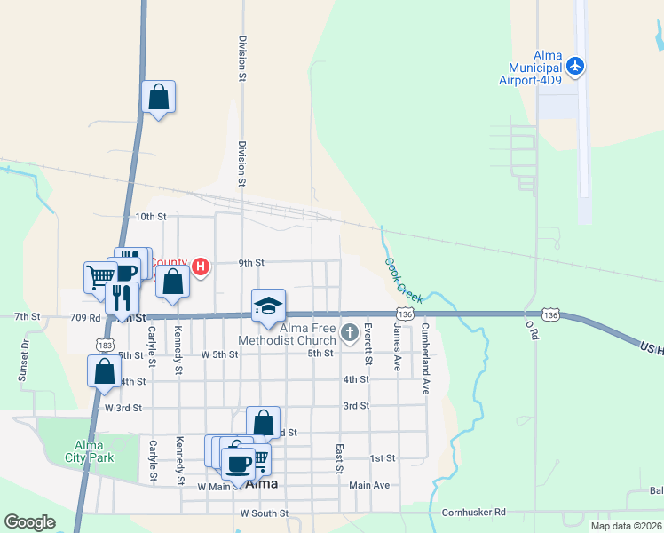 map of restaurants, bars, coffee shops, grocery stores, and more near 807 East Street in Alma