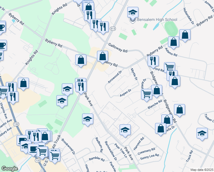 map of restaurants, bars, coffee shops, grocery stores, and more near 1954 Arrowood Drive in Bensalem