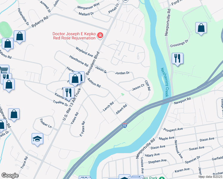 map of restaurants, bars, coffee shops, grocery stores, and more near 859 Ashton Road in Bucks County
