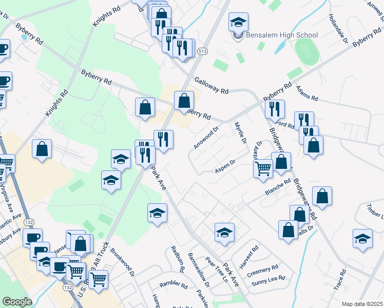 map of restaurants, bars, coffee shops, grocery stores, and more near 1954 Arrowood Drive in Bensalem