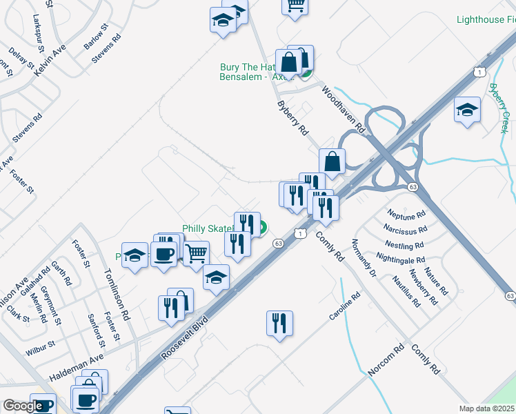 map of restaurants, bars, coffee shops, grocery stores, and more near 2183 Bennett Road in Philadelphia