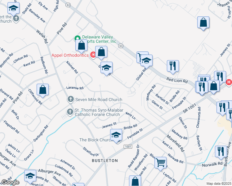 map of restaurants, bars, coffee shops, grocery stores, and more near 649 Kismet Road in Philadelphia