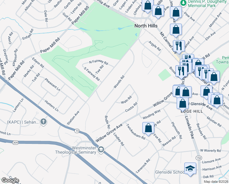 map of restaurants, bars, coffee shops, grocery stores, and more near 316 Woods Rd in Glenside