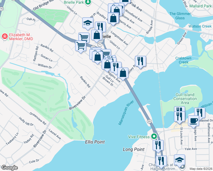 map of restaurants, bars, coffee shops, grocery stores, and more near 406 Linden Lane in Brielle