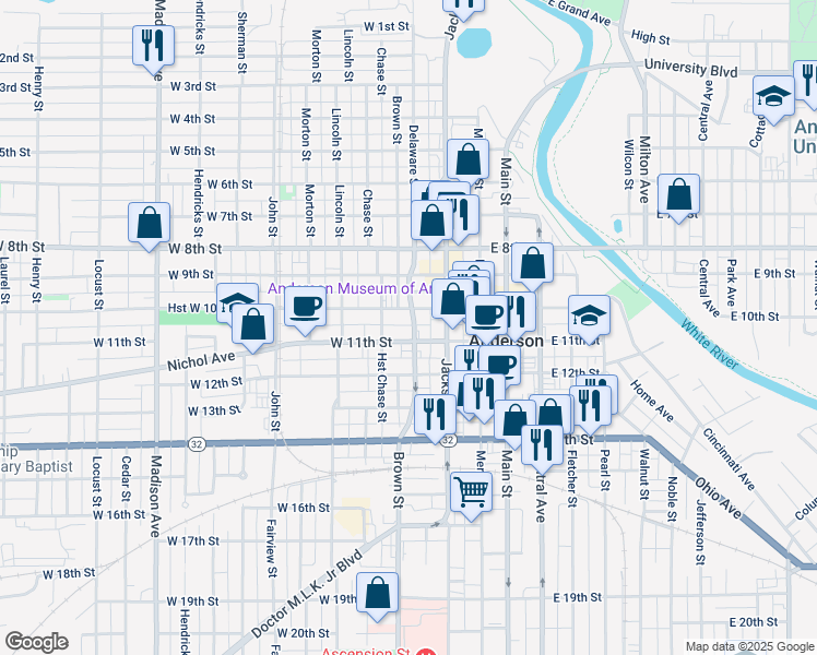 map of restaurants, bars, coffee shops, grocery stores, and more near 1019 Hst Brown-Delaware Street in Anderson