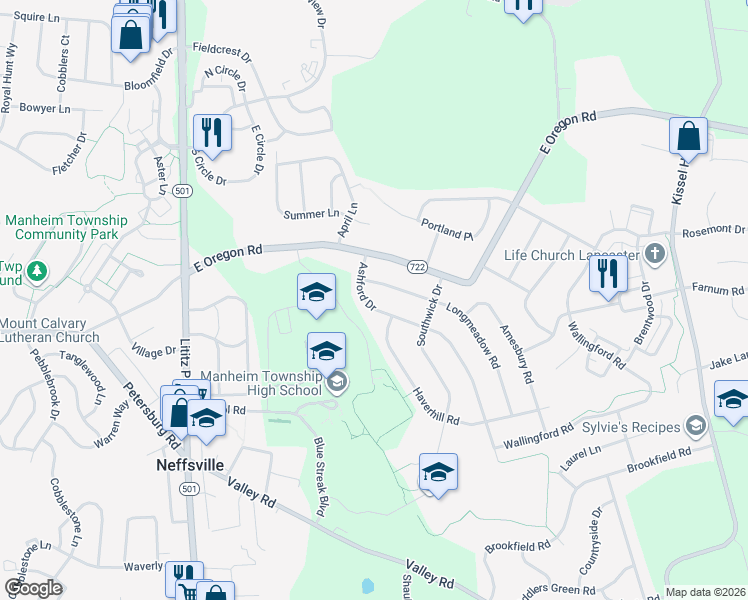 map of restaurants, bars, coffee shops, grocery stores, and more near 327 Ashford Drive in Lancaster