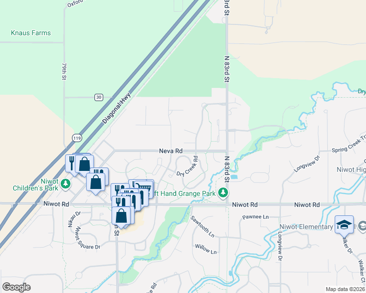 map of restaurants, bars, coffee shops, grocery stores, and more near 8150 Rye Court in Longmont