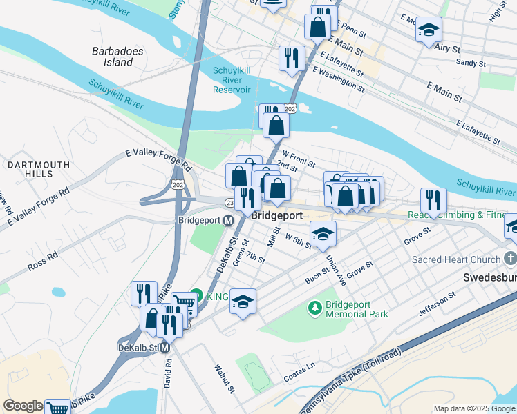 map of restaurants, bars, coffee shops, grocery stores, and more near 204 West 4th Street in Bridgeport