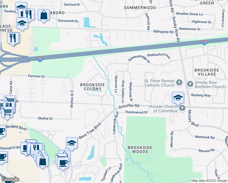 map of restaurants, bars, coffee shops, grocery stores, and more near 6855 Sparrow Lane in Columbus