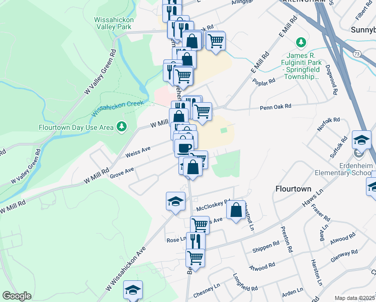 map of restaurants, bars, coffee shops, grocery stores, and more near 1518 Bethlehem Pike in Flourtown