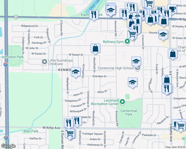 map of restaurants, bars, coffee shops, grocery stores, and more near 915 Westfield Dr in Champaign