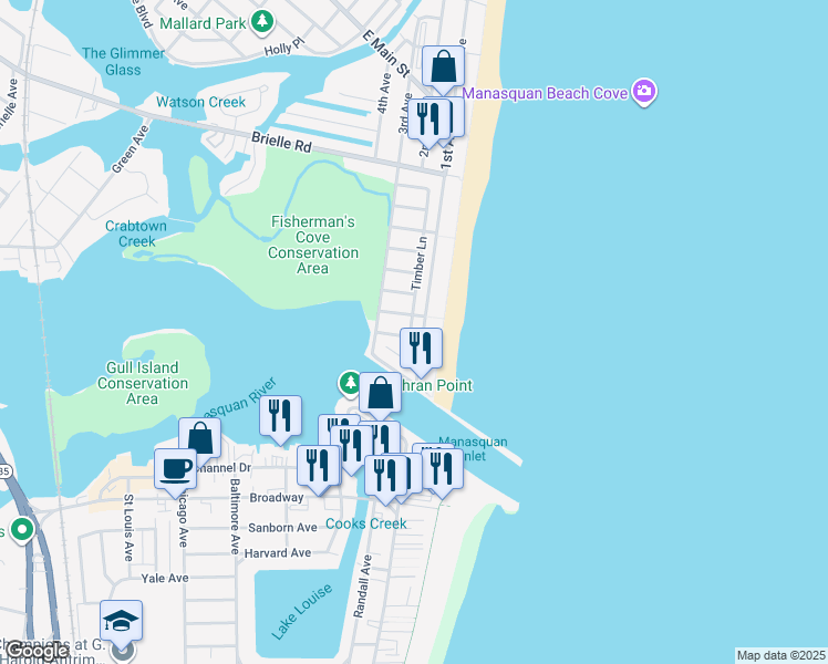 map of restaurants, bars, coffee shops, grocery stores, and more near 387 Timber Lane in Manasquan