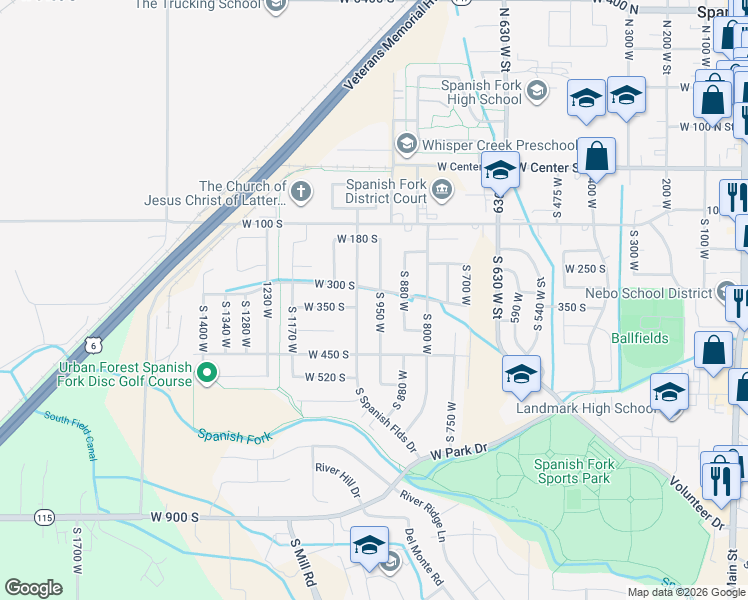 map of restaurants, bars, coffee shops, grocery stores, and more near 332 South 950 West in Spanish Fork
