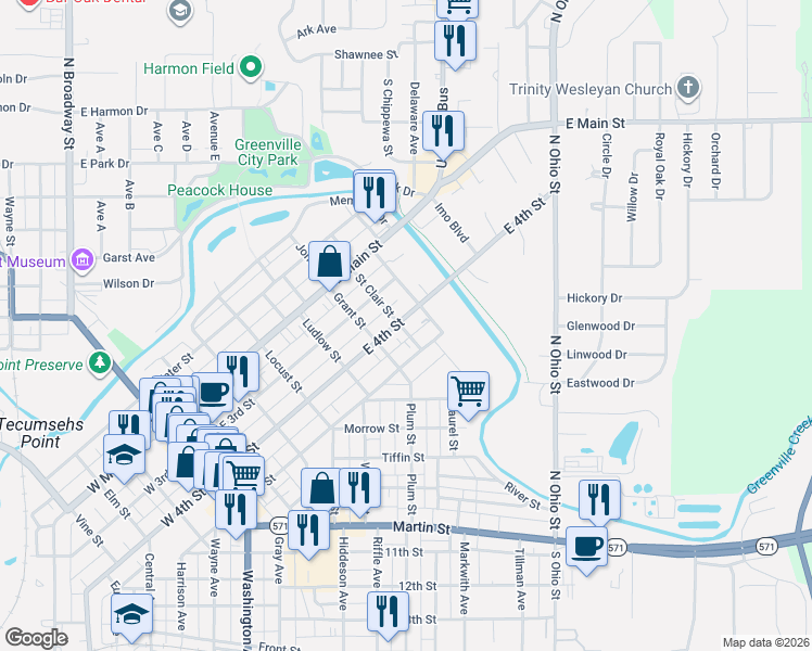 map of restaurants, bars, coffee shops, grocery stores, and more near 627 Saint Clair Street in Greenville