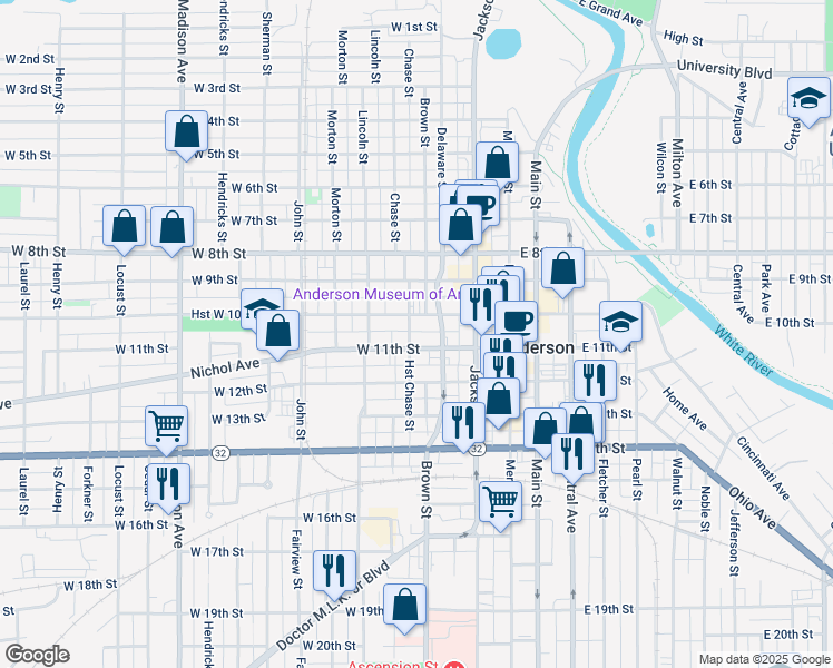 map of restaurants, bars, coffee shops, grocery stores, and more near 1022 Chase St in Anderson