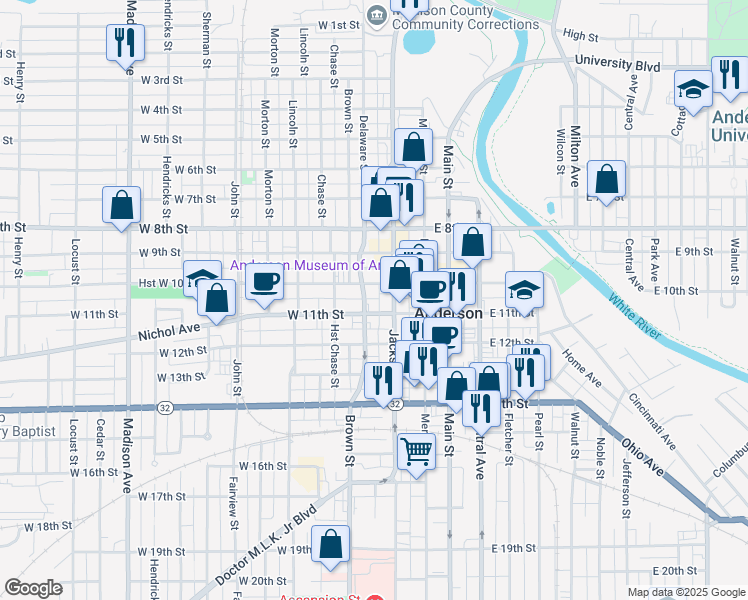 map of restaurants, bars, coffee shops, grocery stores, and more near 1030 Hst Brown-Delaware Street in Anderson