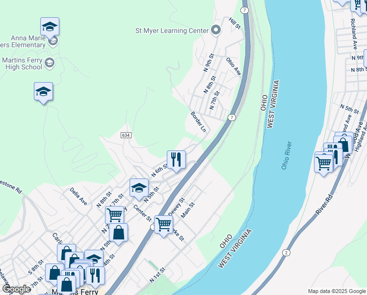 map of restaurants, bars, coffee shops, grocery stores, and more near 829 Woods Alley in Martins Ferry