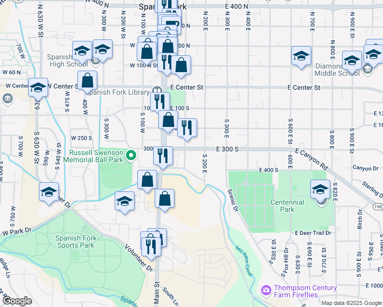 map of restaurants, bars, coffee shops, grocery stores, and more near 130 East 300 South in Spanish Fork