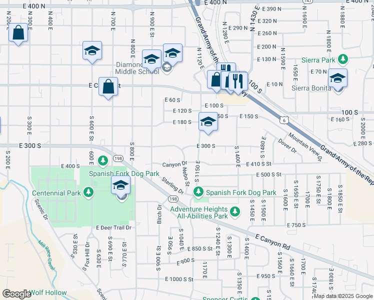 map of restaurants, bars, coffee shops, grocery stores, and more near 335 South Nebo Drive in Spanish Fork