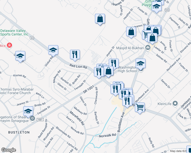 map of restaurants, bars, coffee shops, grocery stores, and more near 716 Red Lion Rd in Philadelphia
