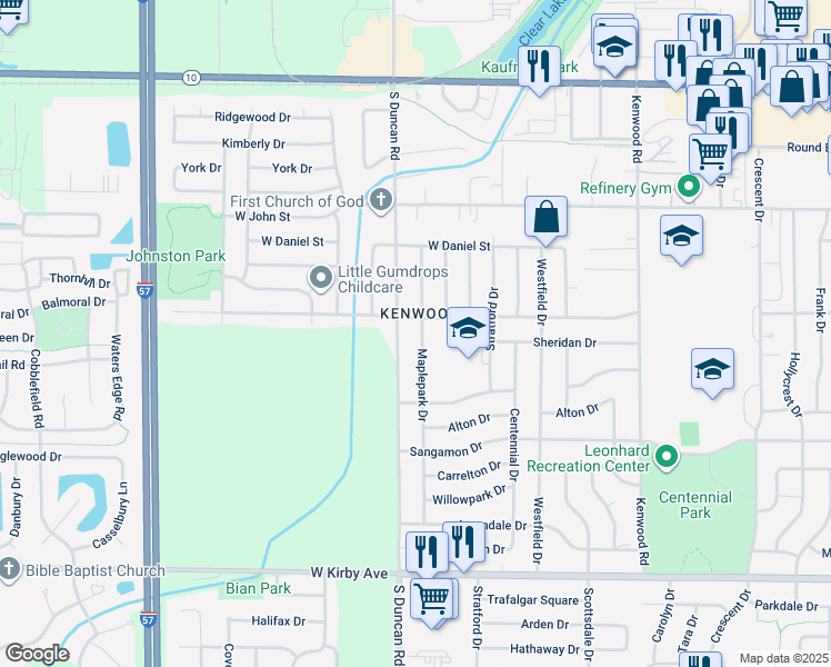 map of restaurants, bars, coffee shops, grocery stores, and more near 1005 Maplepark Drive in Champaign