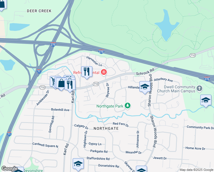 map of restaurants, bars, coffee shops, grocery stores, and more near 6737 Skywae Drive in Columbus