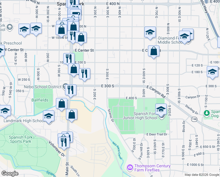 map of restaurants, bars, coffee shops, grocery stores, and more near 322 East 300 South in Spanish Fork