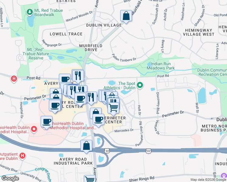 map of restaurants, bars, coffee shops, grocery stores, and more near 6146 Perimeter Lakes Drive in Dublin
