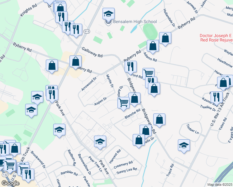 map of restaurants, bars, coffee shops, grocery stores, and more near 1645 Britany Drive in Bucks County