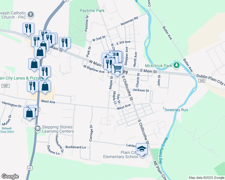 map of restaurants, bars, coffee shops, grocery stores, and more near 269 Maple Court in Plain City