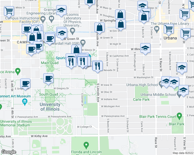 map of restaurants, bars, coffee shops, grocery stores, and more near 807 South Lincoln Avenue in Urbana