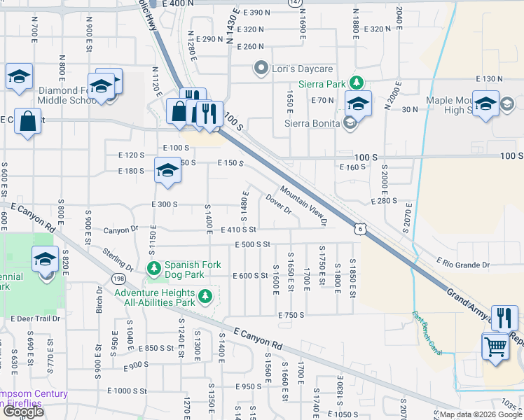 map of restaurants, bars, coffee shops, grocery stores, and more near 327 South 1530 East Road in Spanish Fork
