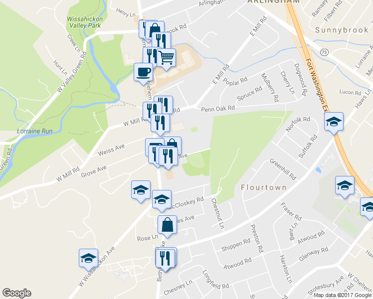map of restaurants, bars, coffee shops, grocery stores, and more near 27 Bysher Avenue in Flourtown
